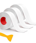 Three rolls of Caulk Tape Self Adhesive Sealant Strip Waterproof 1.5 Inch By 10.5 Foot and a yellow sealing tool.