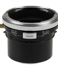 Tilt Shift Lens Mount Adapter For Sony E Mount Using Pentacon 6 Kiev 60 Lenses, Delivers 20mm Shift, 10 Degree Tilt, And 360 Degree Rotation, Built Tough For Pro Level Architectural, Product, And Landscape Photography. Black metal tilt-shift lens mount adapter with shift lever.