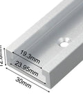 Close-up of 30mm Aluminum T Track for Woodworking Router Table Fence, showing miter slot and dimensions marked on silver rail.