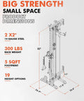 Wall Mount Cable Crossover Machine with dimensions, dual pulleys, 82-inch height, space-saving design for home gym fitness equipment.