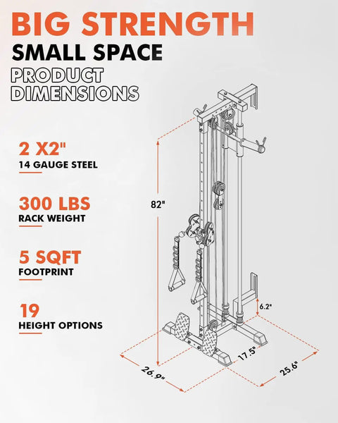 Wall Mount Cable Crossover Machine with dimensions, dual pulleys, 82-inch height, space-saving design for home gym fitness equipment.