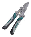 Badass 16 In 1 Foldable Wire Stripper And Cable Cutter With Precision Crimping Pliers forged from solid chrome vanadium steel, front view.
