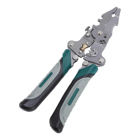 Badass 16 In 1 Foldable Wire Stripper And Cable Cutter With Precision Crimping Pliers forged from solid chrome vanadium steel, front view.