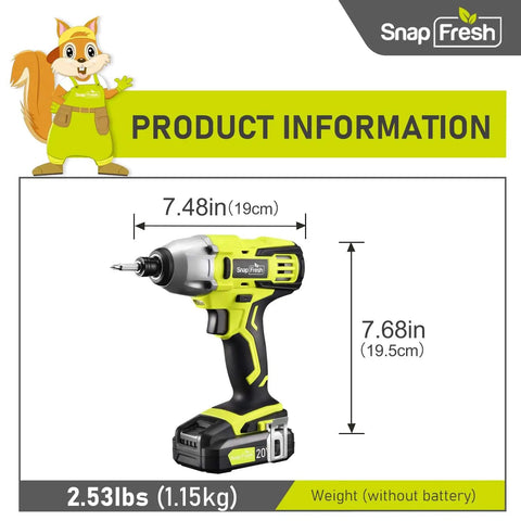 DIY Friendly Cordless Impact Driver Kit With 20V Power And 1350 In Lbs Torque displayed with dimensions and weight