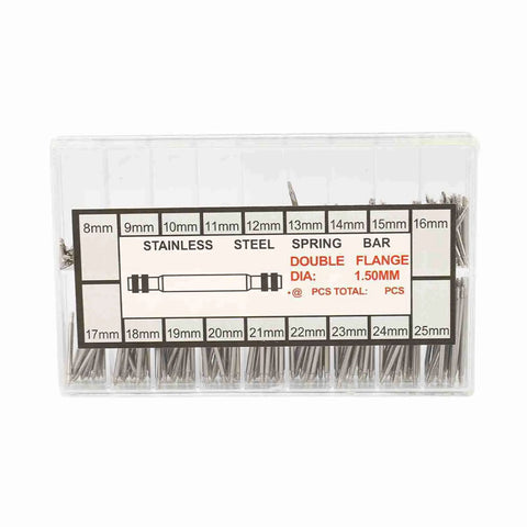 Watch Band Pin Kit 360 Pieces 8 To 25mm Spring Bar Set in clear box, labeled stainless steel, for strap adjustments.