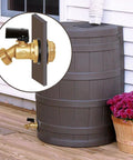 Installed Brass Rain Barrel Spigot with 3/4 Inch Threaded Inlet 1/2 Inch Female NPT and Garden Hose Outlet on a rain barrel