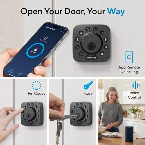 Ubolt Dope WiFi Smart Lock With Door Sensor And Built In Keypad Deadbolt For Front Door Remote Control Auto Lock Compatible With Alexa Google SmartThings Easy Install Matte Black showing app and keypad usage