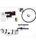 Hella Tough Variable Speed Belt Sander With 72 By 2 Inch Sandpaper Belt parts laid out including wheels and supports on white background.