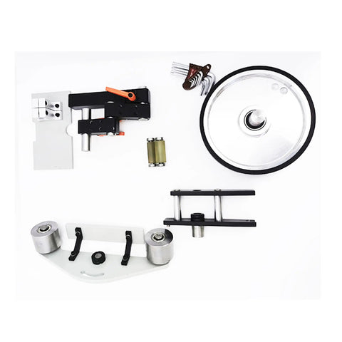 Hella Tough Variable Speed Belt Sander With 72 By 2 Inch Sandpaper Belt parts laid out including wheels and supports on white background.