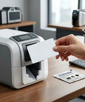 Hand inserting a blank card into a professional ID printer, highlighting the Premium CR80 Cleaning Pack for CP40 CP60 CP80 CD800 and more.