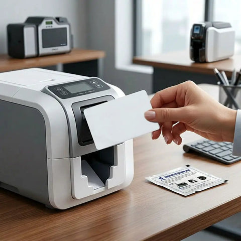 Hand inserting a blank card into a professional ID printer, highlighting the Premium CR80 Cleaning Pack for CP40 CP60 CP80 CD800 and more.