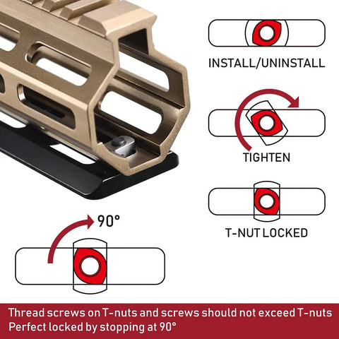 Arca Dovetail Rail For M-LOK System Quick Release Tripod Mount Adapter installation instructions with T-nut locking mechanism.