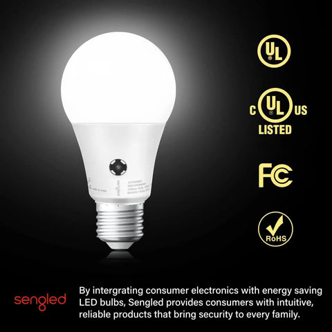 Dusk To Dawn Outdoor LED Bulbs 5000K Daylight A19 75W Equivalent 10.5W bulb with UL, FCC, RoHS certifications.