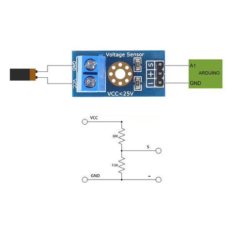 Top Shelf 3 Piece ACS712 Hall Effect Current Sensor Plus DC Voltage Tester Module Bundle For Arduino And Raspberry Pi Badass Projects With Legit 30 Amp Readings And Zero Hassle voltage sensor showing pin connections and schematic.