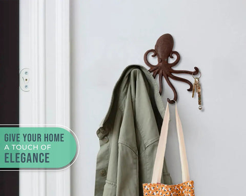 Rad Cast Iron Octopus Wall Hook Rustic Brown Antique Finish with keys and coat, perfect for smart storage and nautical decor.