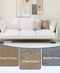 Heavy Equipment Rollers With Dependable Brakes And Non Slip Plastic Casters under a white couch on various floor types: wood, tile, and marble.