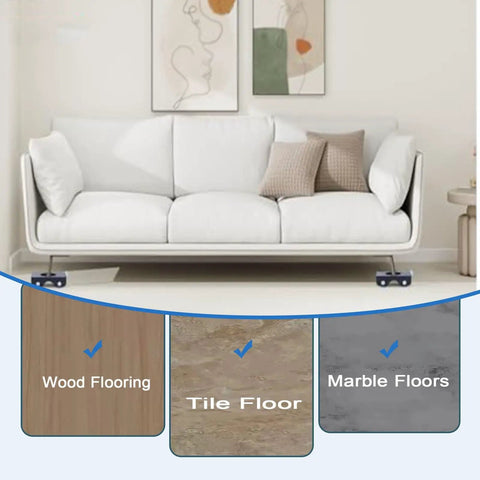 Heavy Equipment Rollers With Dependable Brakes And Non Slip Plastic Casters under a white couch on various floor types: wood, tile, and marble.
