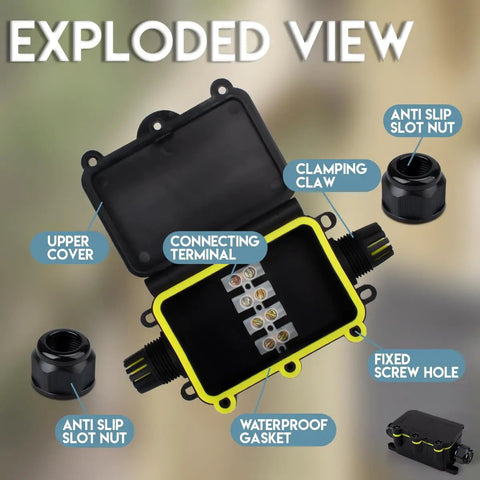 Outdoor Waterproof Electrical Junction Box IP68 3-Way Cable Connector For 5 to 12mm And 3.5 to 10mm Wires, 20A Terminal Block, Built To Last Rugged Weatherproof Box For Outdoor Installations. Exploded view of black IP68 junction box with gasket, terminal block, and cable glands.
