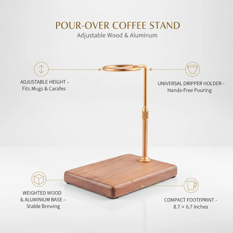 Kickstart Your Morning Ritual With This Totally Awesome Adjustable Wooden And Aluminum Pour Over Coffee Stand Made For Mugs And Carafes A Heavy Duty Brewing Station showcasing adjustable height and sturdy base.