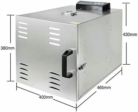 Built Different Commercial Food Dehydrator With 10 Layer Stainless Steel Professional Electric Dryer Machine side view with dimensions.