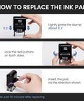 Step-by-step guide on how to replace the ink pad for No Sweat Self Inking Date Stamp, showing hand adjustments and locking buttons.