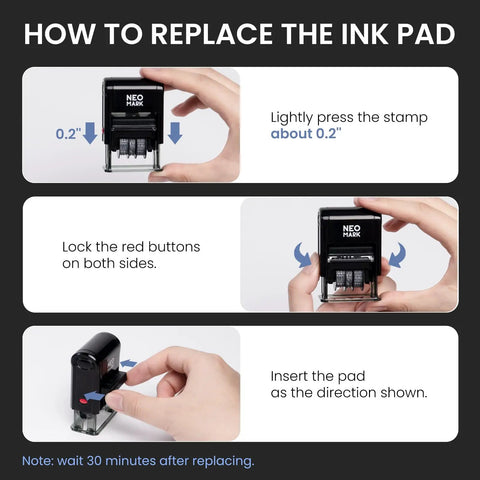 Step-by-step guide on how to replace the ink pad for No Sweat Self Inking Date Stamp, showing hand adjustments and locking buttons.