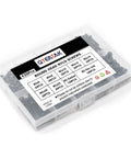 M3 Black Nylon Screw And Bolt Assortment Featuring Pan And Round Heads, 420 pieces in labeled plastic storage case.