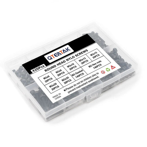 M3 Black Nylon Screw And Bolt Assortment Featuring Pan And Round Heads, 420 pieces in labeled plastic storage case.