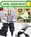 Collage of roller skates, suitcase, kids' ride-on toy, and stroller illustrating uses for Replacement 75mm Luggage Wheel 24mm Wide Inline Roller Wheel With 8mm Bearing Includes 35mm And 40mm Axles Wrench Set Beefed Up Durable PU Suitcase Caster For Travel Gear