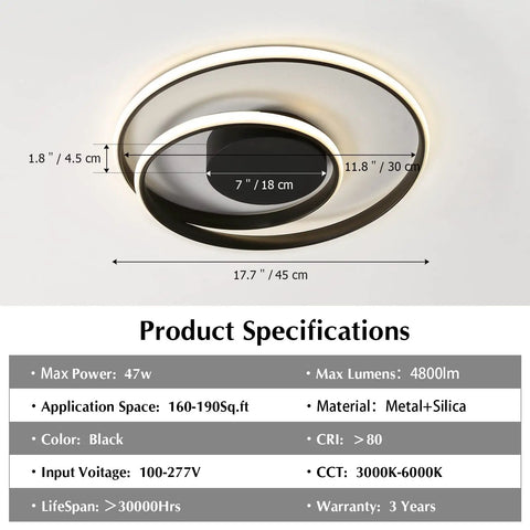 Sleek Modern Black Spiral Ceiling Light Round Flush Mount LED Fixture With Remote Control Dimmable Energy Saving 47W 17 Inch Circle