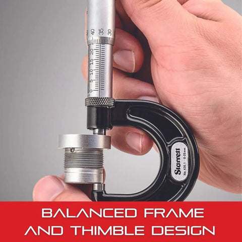 Person using Outside Micrometer With Advanced Sleeve Design And Satin Chrome Finish Built Tough With Insulated Frame For Temperature Stability Quick And Easy Adjustment 0 To 1 Inch Range And Precision 0.0001 Inch Graduations