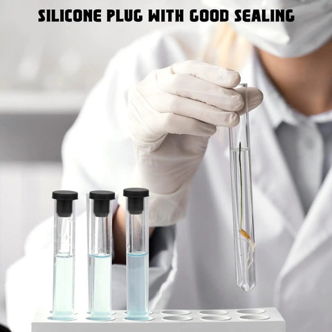 Lab technician holding test tube with silicone plug, featuring 80 Piece Silicone Hole Plug Kit With 8 Sizes T Type Rubber Plugs For Round Holes
