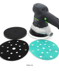 Check Out These Heavy Duty 6 Inch Sanding Discs With 17 Holes For Perfect Grip And Dust Venting On Random Orbital Sanders For Amazing Wet Dry Projects with sander and discs displayed.