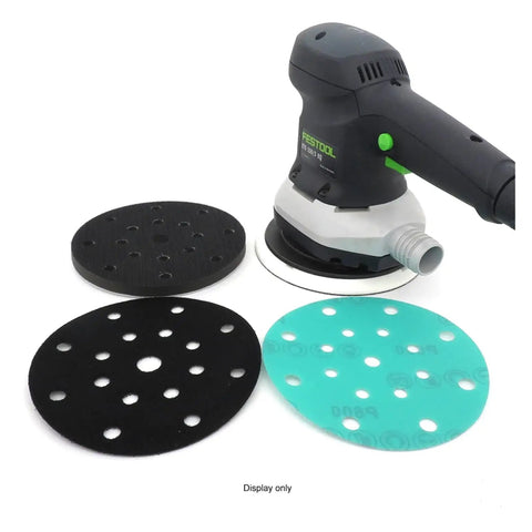 Check Out These Heavy Duty 6 Inch Sanding Discs With 17 Holes For Perfect Grip And Dust Venting On Random Orbital Sanders For Amazing Wet Dry Projects with sander and discs displayed.