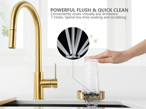 Brushed Gold Metal Glass Rinser for Kitchen and Bar Sinks, Heavy Duty T304 Stainless Steel and Brass Construction, 7 Water Spray Power Flush for Cups Glassware Bottles and Baby Bottles, Quick Clean Sink Accessory in action with glass under spray