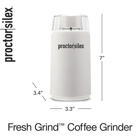 Fresh Grind Electric Coffee Grinder For Up To 12 Cups With One Touch Operation, Quiet See Through Lid, front view dimensions shown