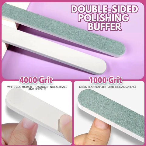 Close-up of All In One Nail Files And Buffers Kit 20Pcs with 7 way file, showing double-sided polish buffer 1000 and 4000 grit