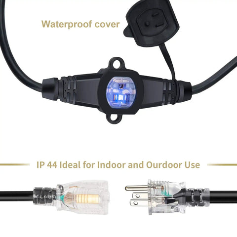 Seven-Outlet Outdoor Power Extension Cord, 50 Ft, 14-Gauge, IP44 Waterproof Cap, ETL Listed showing plug and IP44 cover