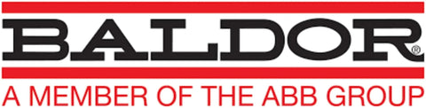 Baldor logo, a member of the ABB Group, in black and red text on white background