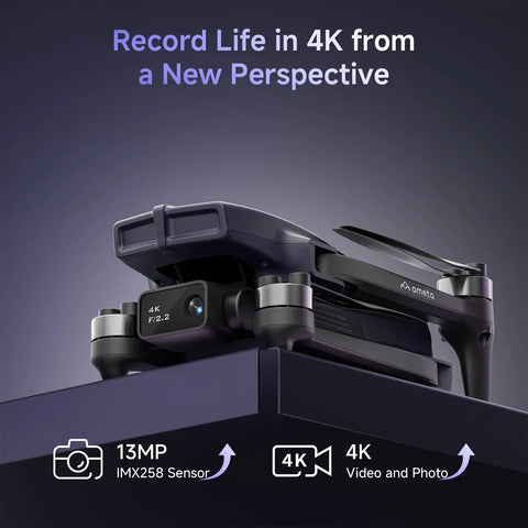 Side view of 4K UHD GPS Drone With 13MP Camera For Adults And Beginners on a dark platform, featuring highlighted camera specs.