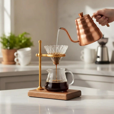Premium Heavy Duty Copper Alloy Pour Over Coffee Dripper Stand With Weighted Stable Cone Filter Holder For Smooth Top Shelf Brewing Station Setup Game Changer, angular view with copper kettle pouring coffee.