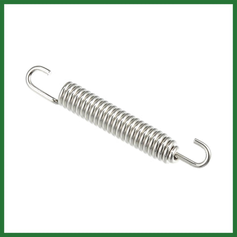 Motorcycle exhaust pipe spring, side view, stainless steel, 80mm length, silver-tone, J-hook ends