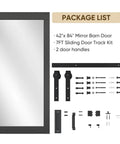 Package includes Mirror Barn Door 42 Inch By 84 Inch With 7 Foot Sliding Hardware Kit Included One Lite Full Length Frosted Glass Solid Wood Waterproof PVC Surface No Assembly Required Black Finish with handles and track kit.