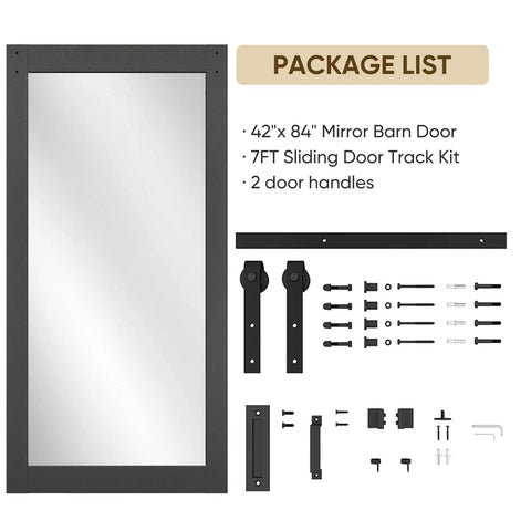 Package includes Mirror Barn Door 42 Inch By 84 Inch With 7 Foot Sliding Hardware Kit Included One Lite Full Length Frosted Glass Solid Wood Waterproof PVC Surface No Assembly Required Black Finish with handles and track kit.