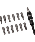 DEWALT 14-piece pivot bit holder set with screwdriver bits and magnetic holder; gray bits and black handle.