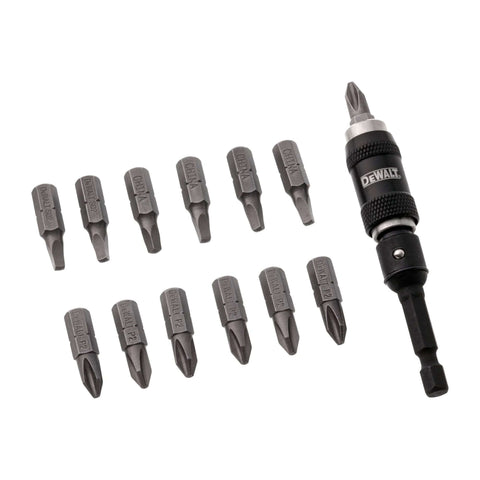 DEWALT 14-piece pivot bit holder set with screwdriver bits and magnetic holder; gray bits and black handle.