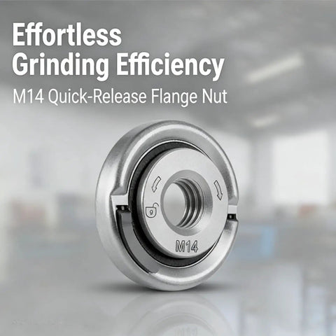 Self Tightening Quick Lock Flange Nut Kit for Angle Grinder M14 Arbor Nut on display against a blurred workshop backdrop