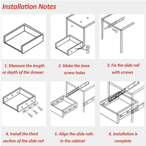 Illustration of installation process for Smooth Glide Drawer Slides Set, 1 Pair Ball Bearing Runners For Cabinets And Kitchen