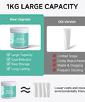Comparison of 1kg wall mending paste and old tube version with benefits listed for large capacity, cost-effectiveness, ease of storage and longevity.