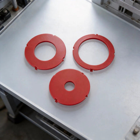 Rock Solid Router Table Insert Rings 3 Piece Set For Bosch RA1171 RA1180 RA1181 Models red precision drop-in rings on a flat surface.